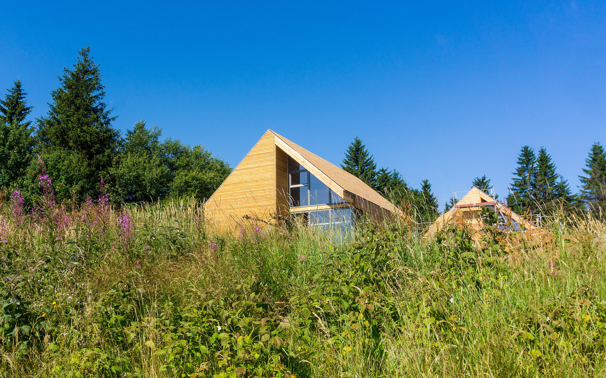 Zwei der 14 Holzhäuser auf Hessens Wasserkuppe mit Veranda und Panoramafenster