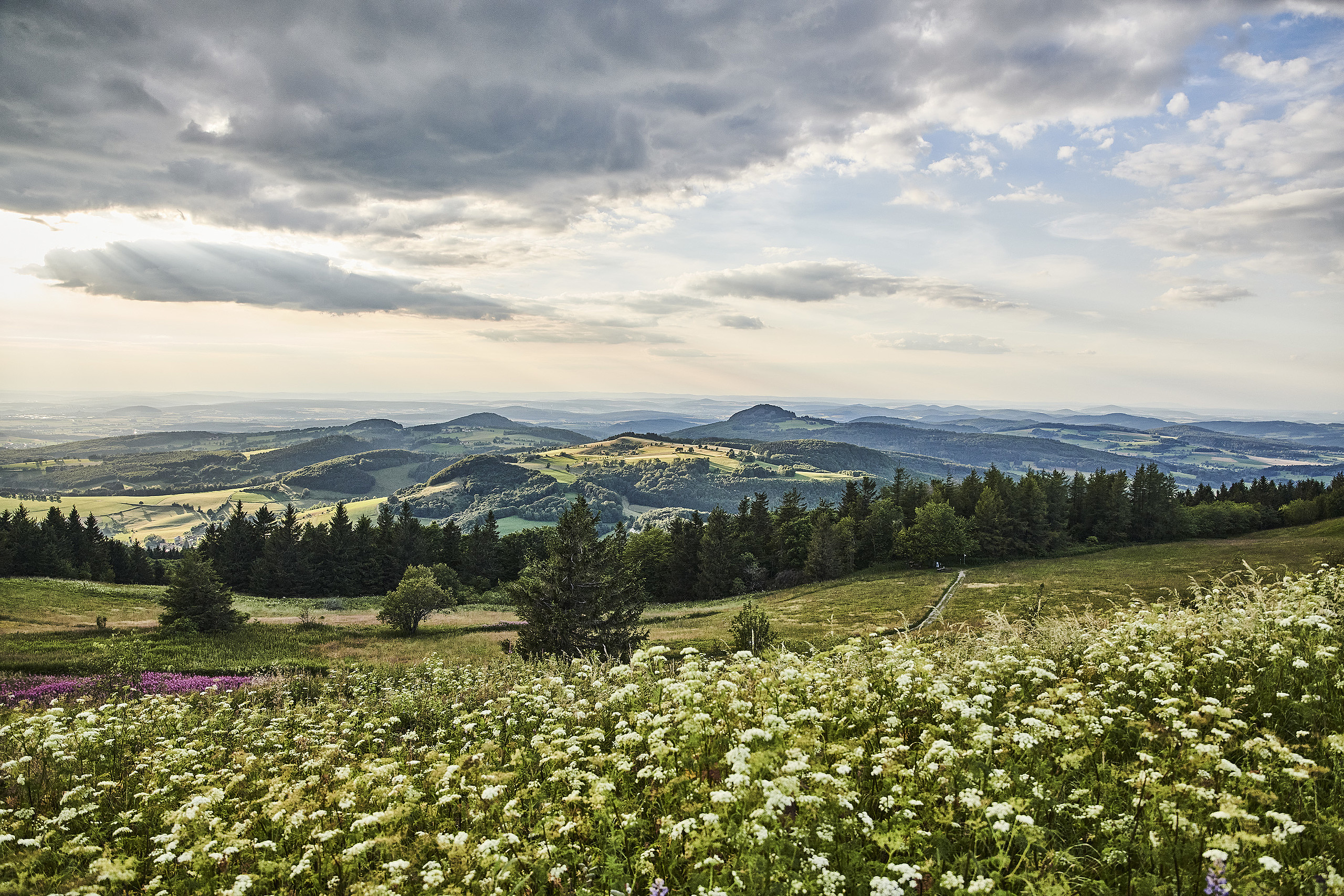 [Translate to English:] Panoramic view of fields and low mountains in the Rhön