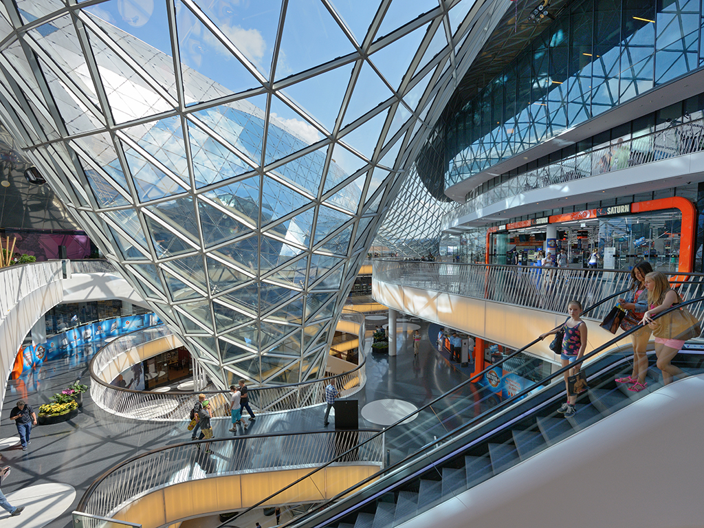 The glass ceiling of Frankfurt Zeil shopping mall with escalators below